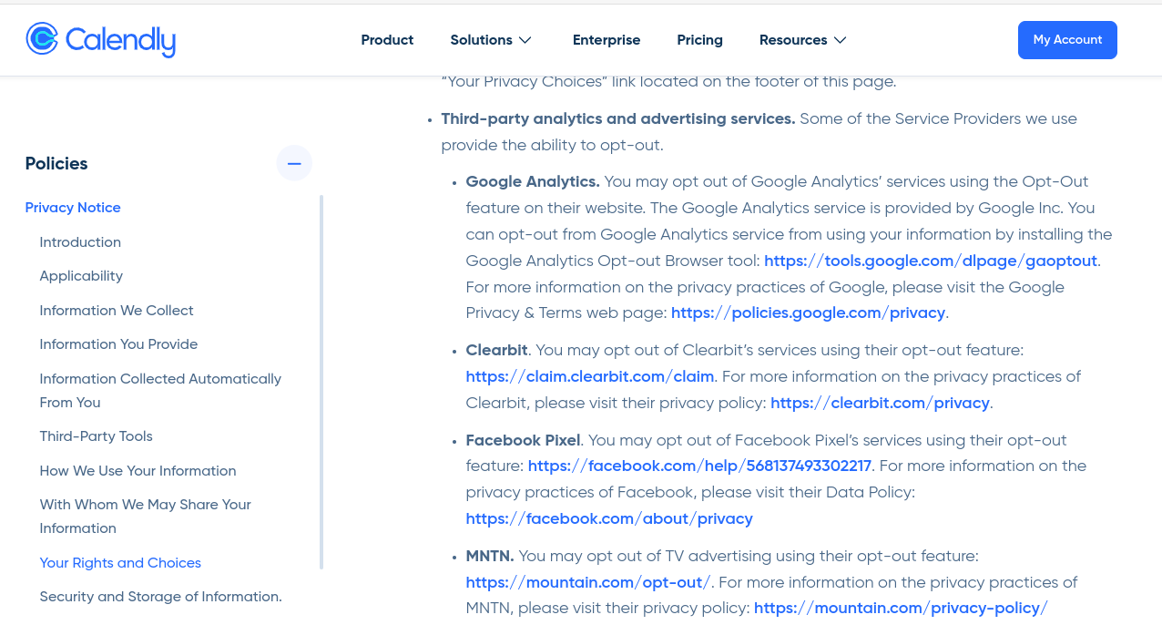 Calendly's list of third party analytics and advertising services, which includes Google Analytics, Clearbit, Facebook Pixel and MNTN.