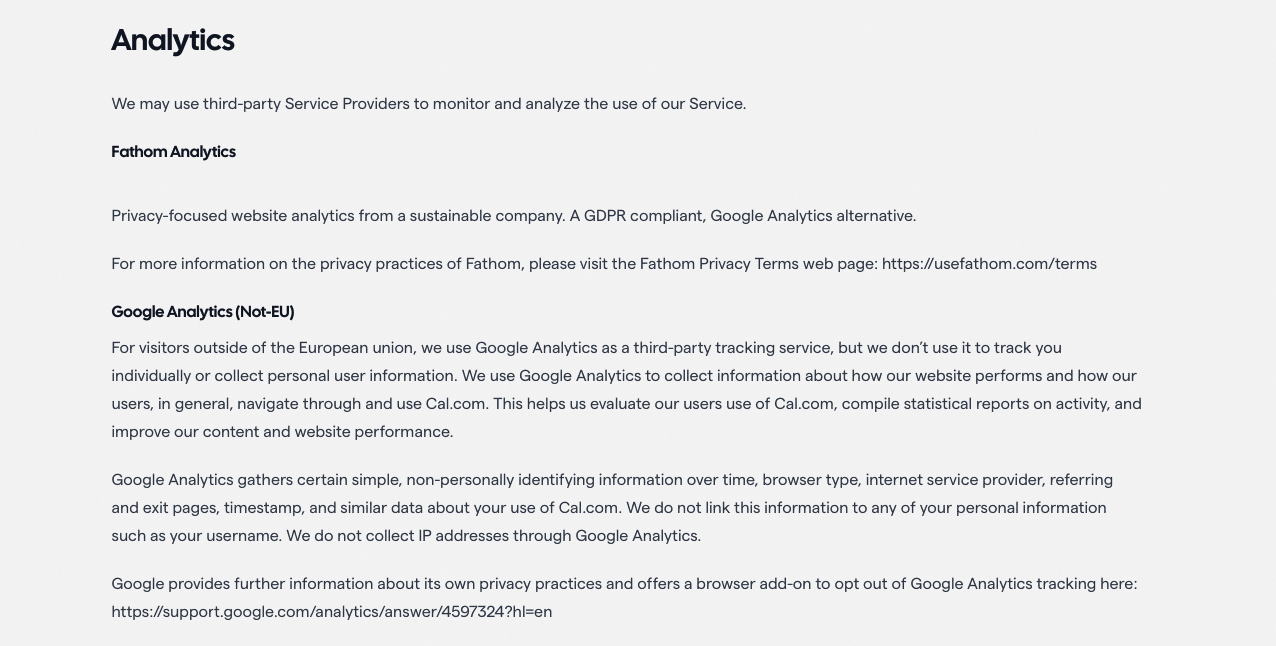 Cal's Privacy Policy which uses only Fathom Analytics in the EU and Google Analytics for non-EU users.
