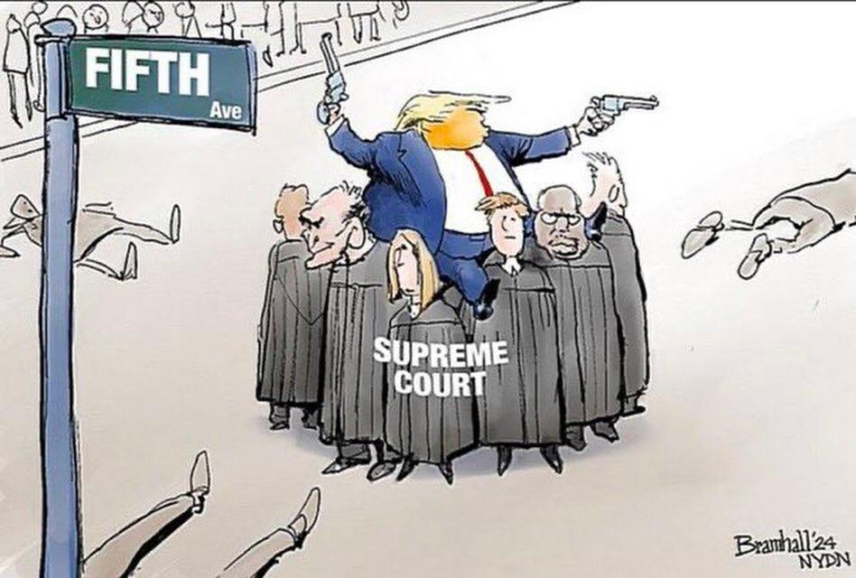 A poltical cartoon with Donald Trump sitting on the shouldes and protected by the Supreme Court after shooting a number of foes on 5th Avenue. 